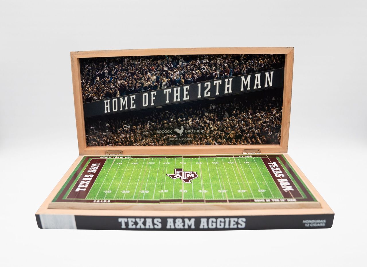 Texas A&M Aggies themed desk top football field with 'Home of the 12th Man' text.